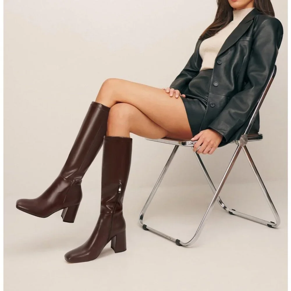 Women's Faux Leather Square Toe Chunky Heel Knee High Boots Side Zip Dark Brown